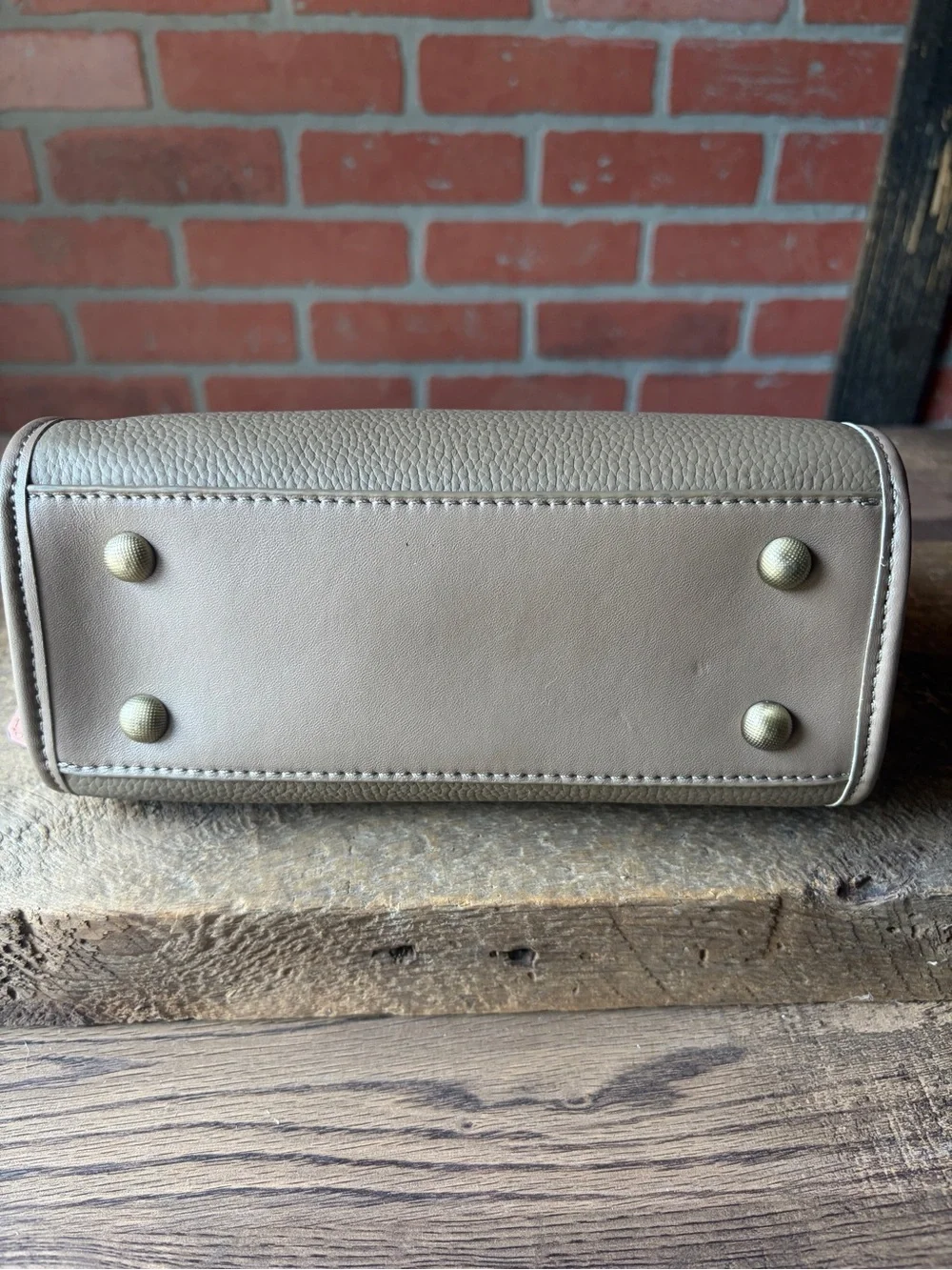 Luxury Style Top Handle Bag - Taupe Leather Purse with Custom Logo & Bear Tag